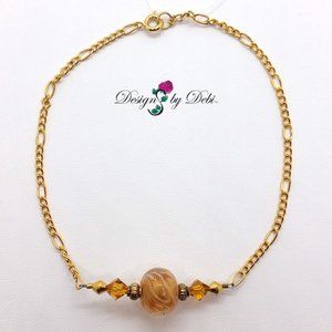 Caramel Swirled Glass & Topaz Crystal Gold Anklet